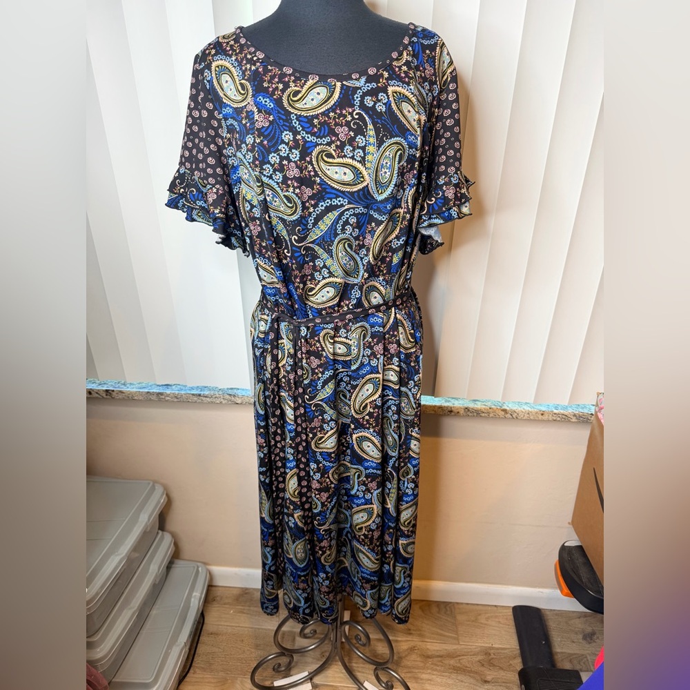 Perceptions Blue Paisley Print Women's Ruffled Sleeves Midi Dress Plus Size 1X